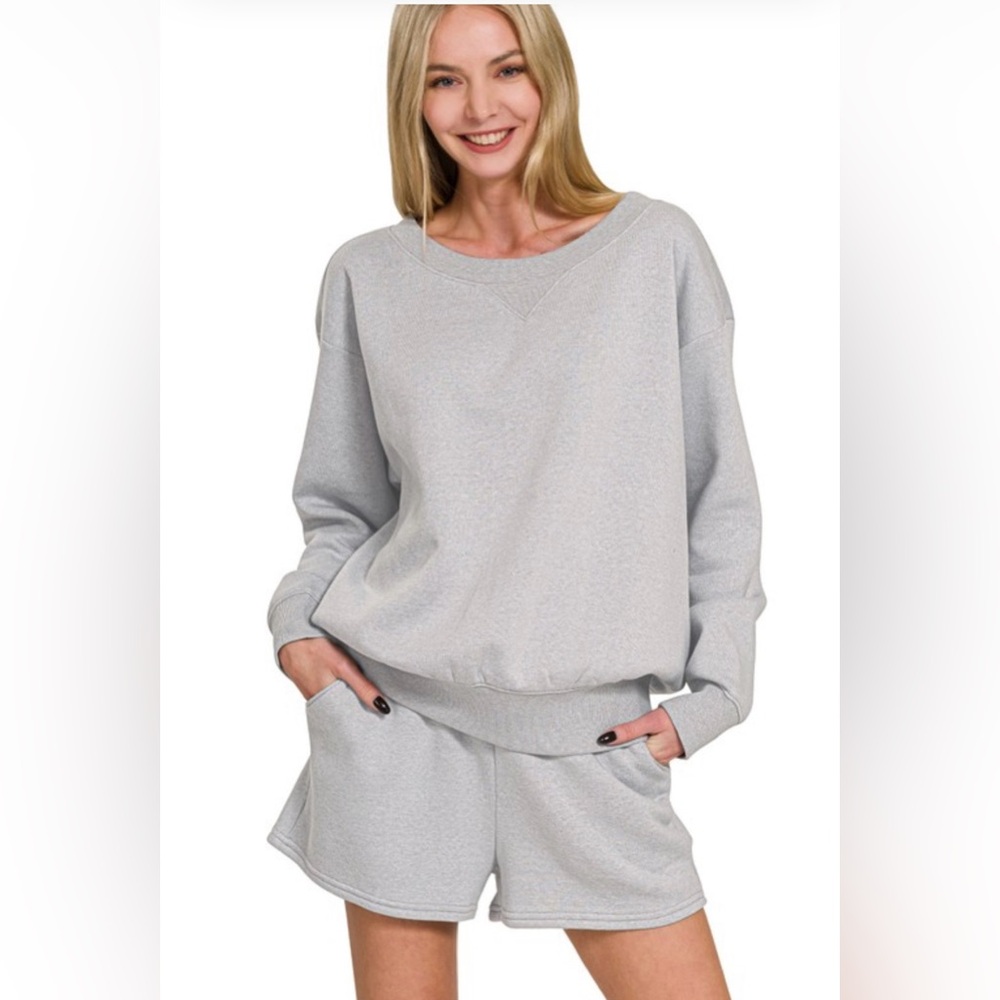 Zenana Fleece Boat Neck Sweatshirt and Shorts Set